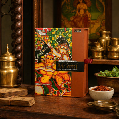 Face cream gift pack box with colorful deity print and burgundy side ribbon