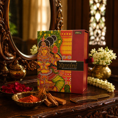 Yamini red sandalwood skin essentials box with goddess design and red ribbon handle