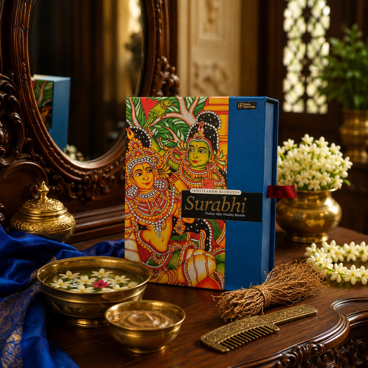 Surabhi vetiver gift pack in blue box with colorful devotional artwork