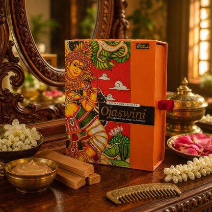 Sandalwood skin longevity essentials box with front goddess artwork on tabletop