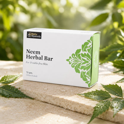Neem herbal bar soap in white box with green leaf design, Bipha Ayurveda branding