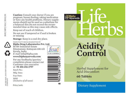 Acidity Control dietary supplement box with Life Herbs branding and label