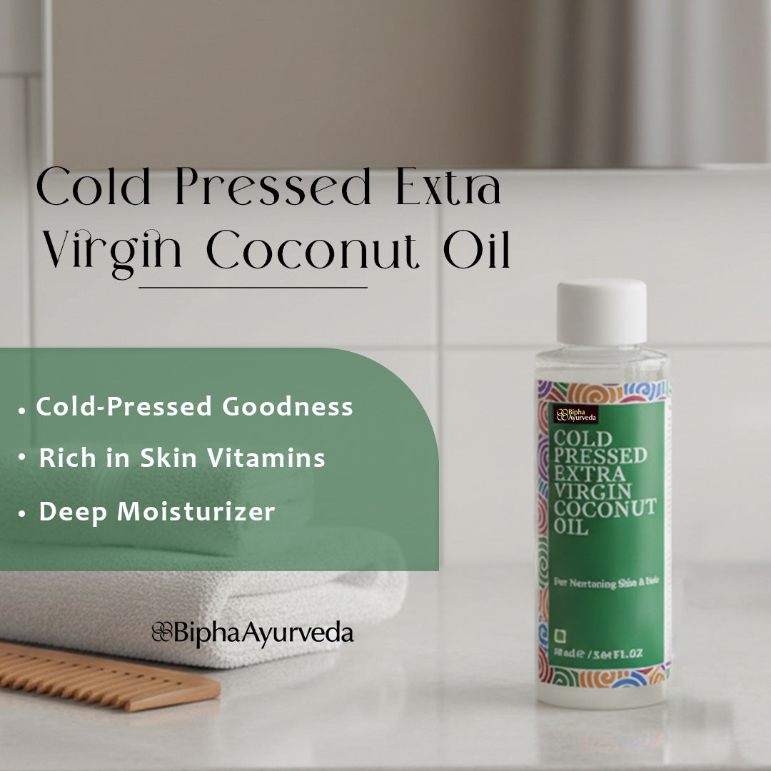 Coconut oil bottle with promotional text and green label design