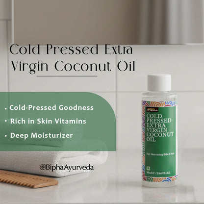 Coconut oil bottle with promotional text and green label design