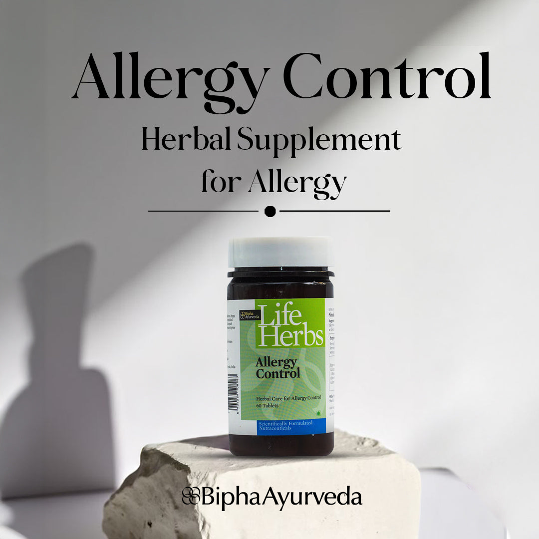 Herbal supplement bottle, Life Herbs Allergy Control, black cap, green label