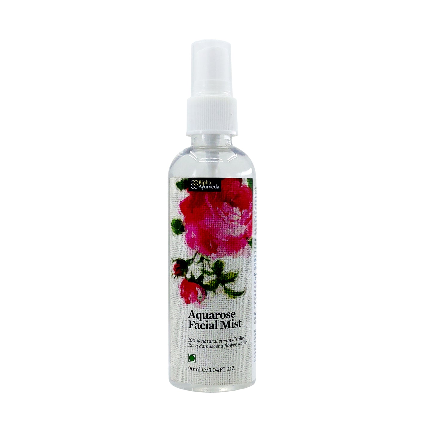 Facial mist spray bottle with rose graphic label and white pump sprayer.