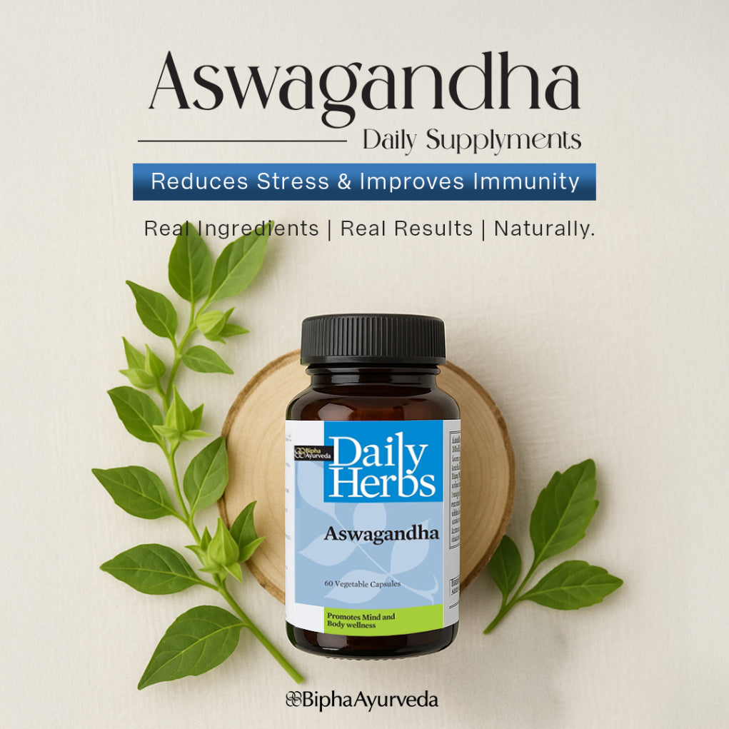 Aswagandha supplement bottle with black cap and front label, with green leaves.