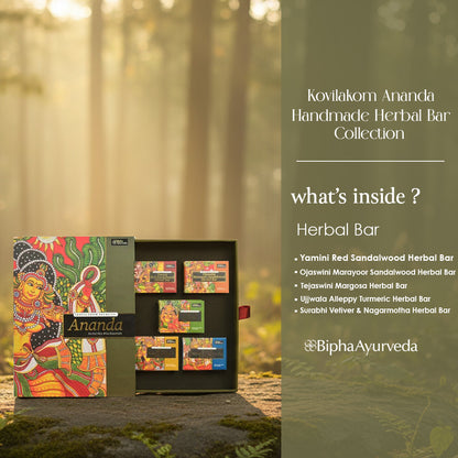 Kovilakom Ananda herbal bar collection gift set, open tray of bar boxes