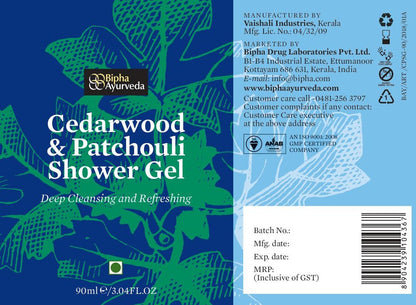 Cedarwood and Patchouli shower gel packaging panel with 90 ml details