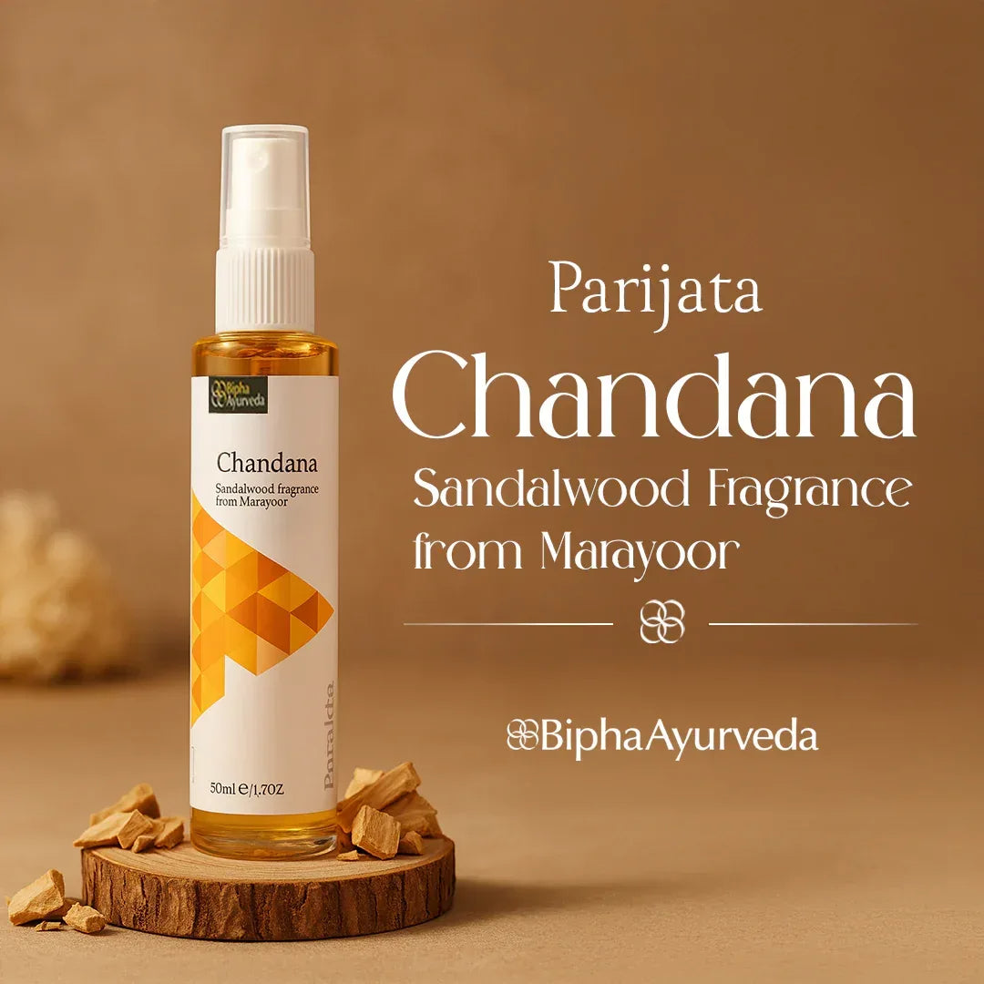 Chandana sandalwood fragrance spray bottle with yellow geometric label, 50 ml