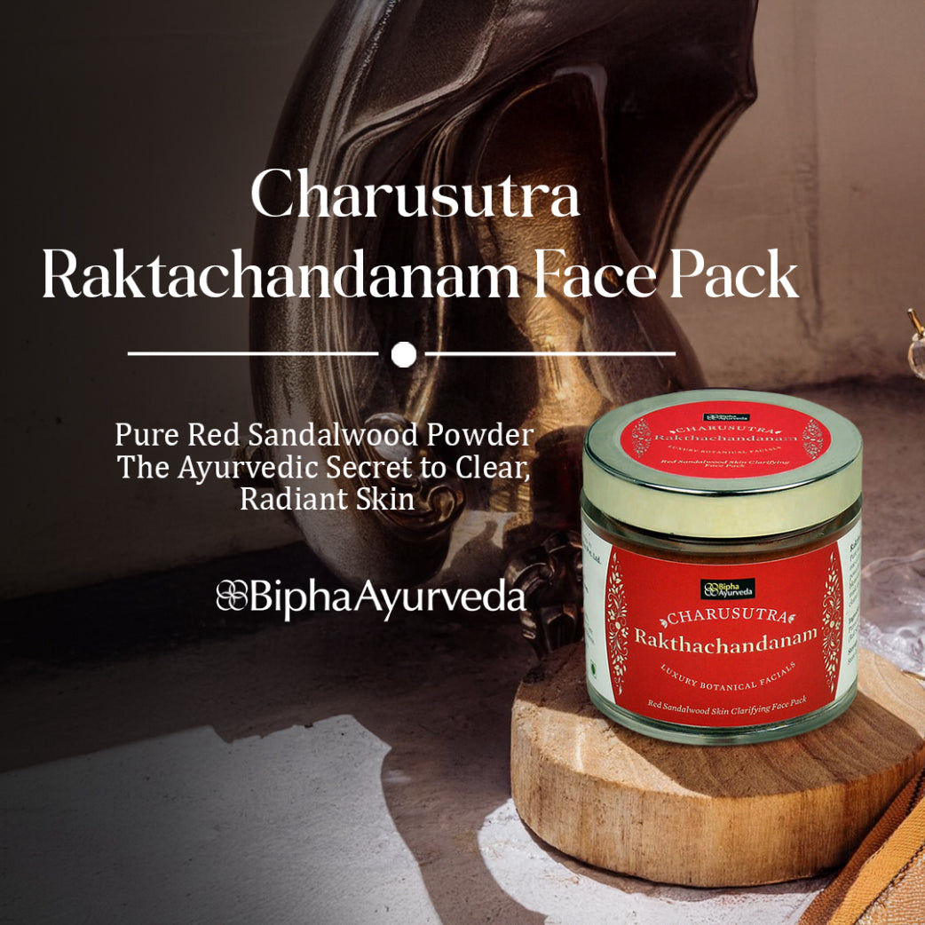 Charusutra Raktachandanam face pack jar on wooden slice with red cap
