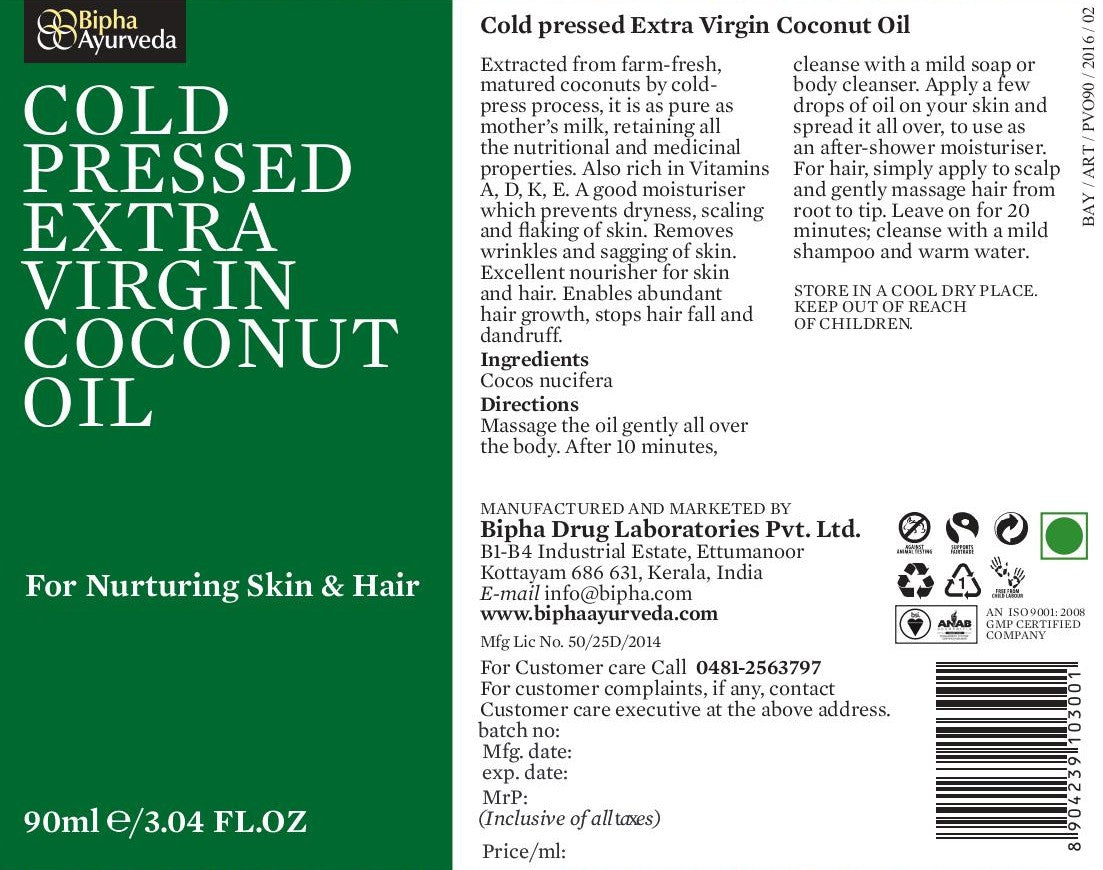 Coconut oil product label for cold pressed extra virgin oil, 90 ml