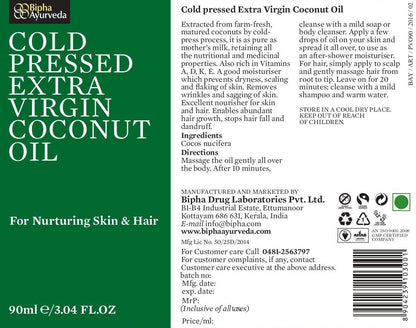 Coconut oil product label for cold pressed extra virgin oil, 90 ml