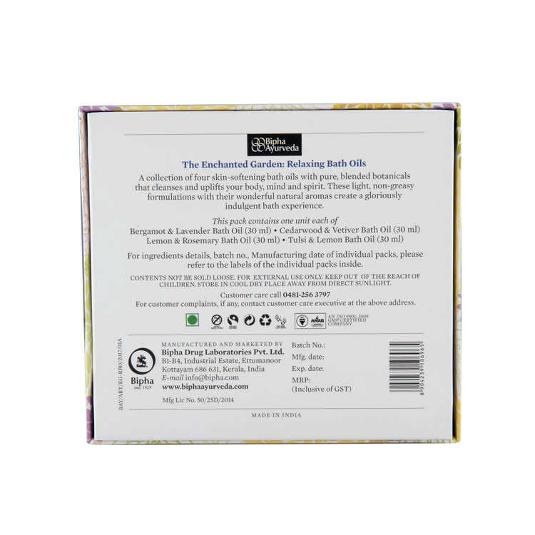 Bath oil gift set box back panel with ingredient and usage details