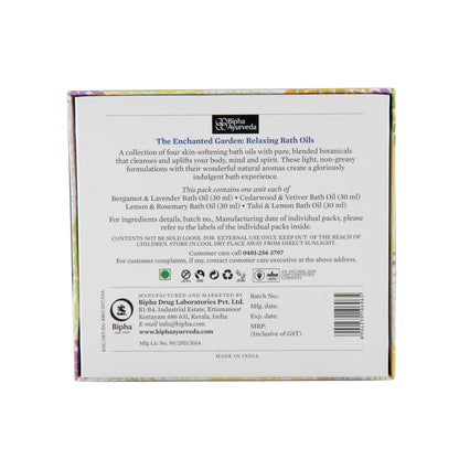 Bath oil gift set box back panel with ingredient and usage details