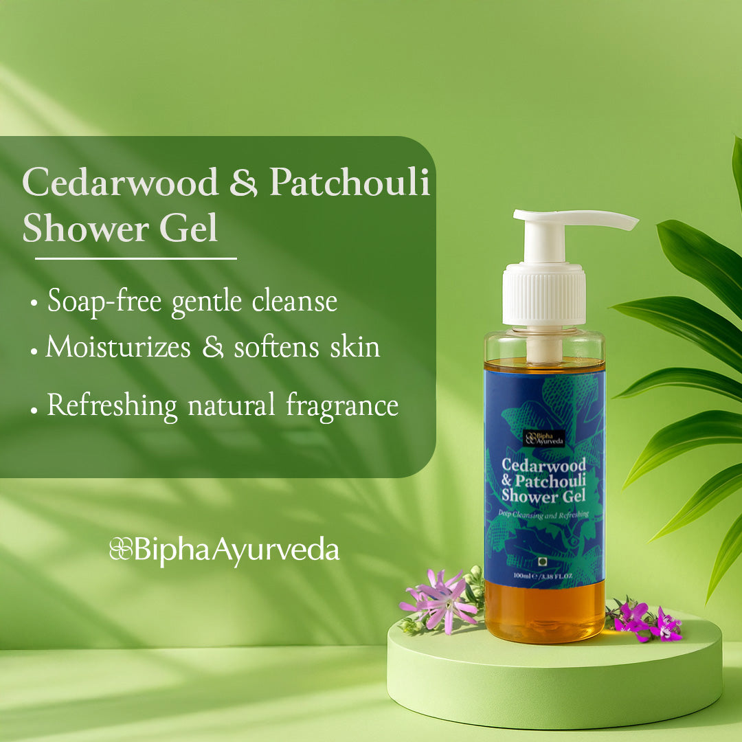 Cedarwood and Patchouli shower gel bottle with white pump, blue label and leaf logo