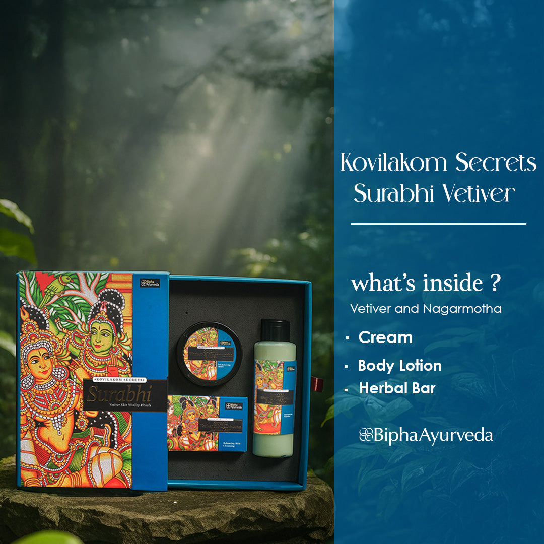 Surabhi vetiver gift set box with jar, lotion bottle, and herbal bar