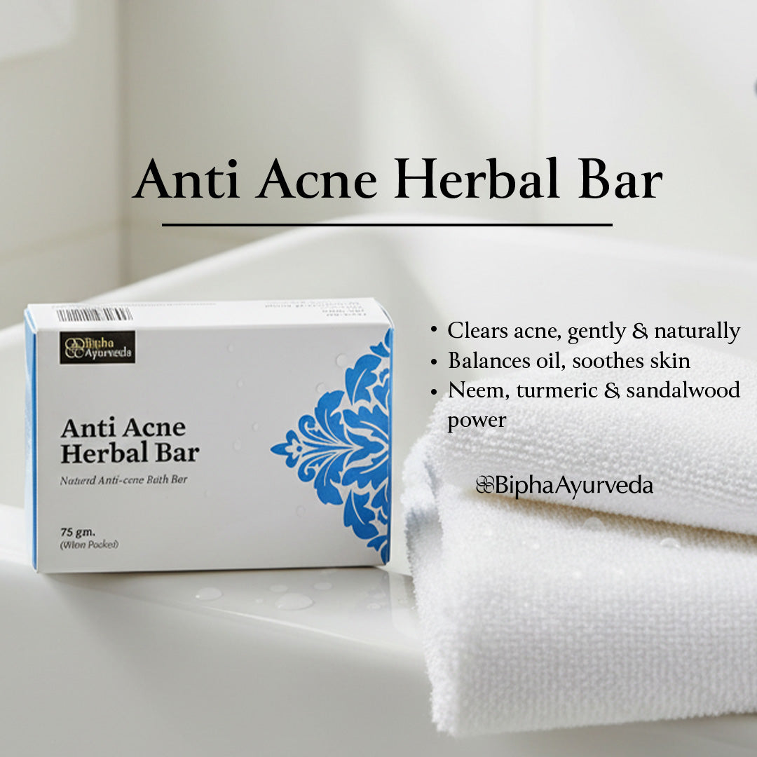 Anti acne herbal bath bar box with soap and towel on white surface