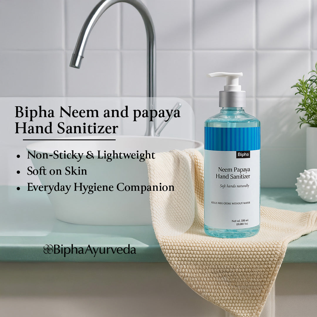 Bipha Neem and papaya hand sanitizer bottle with pump and readable front label