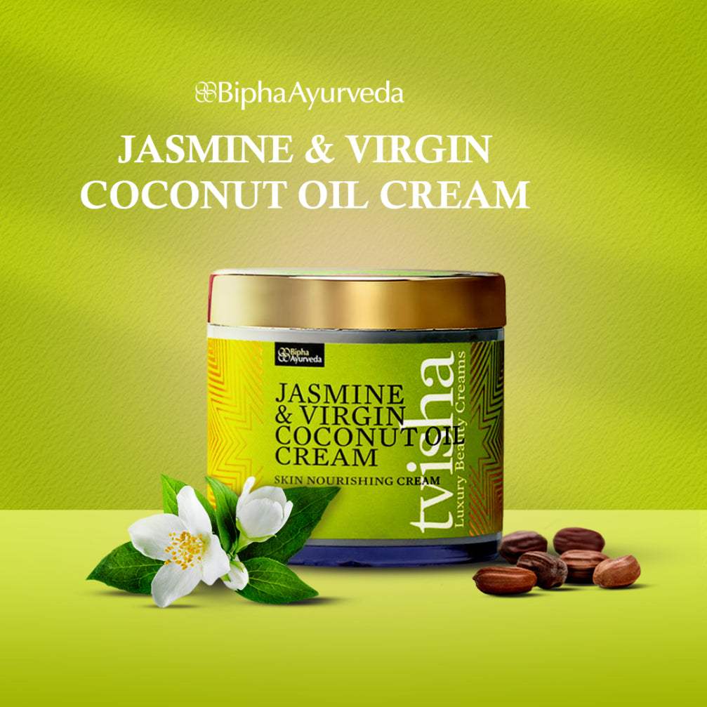 Skin nourishing cream jar with gold lid and green label with jasmine motif