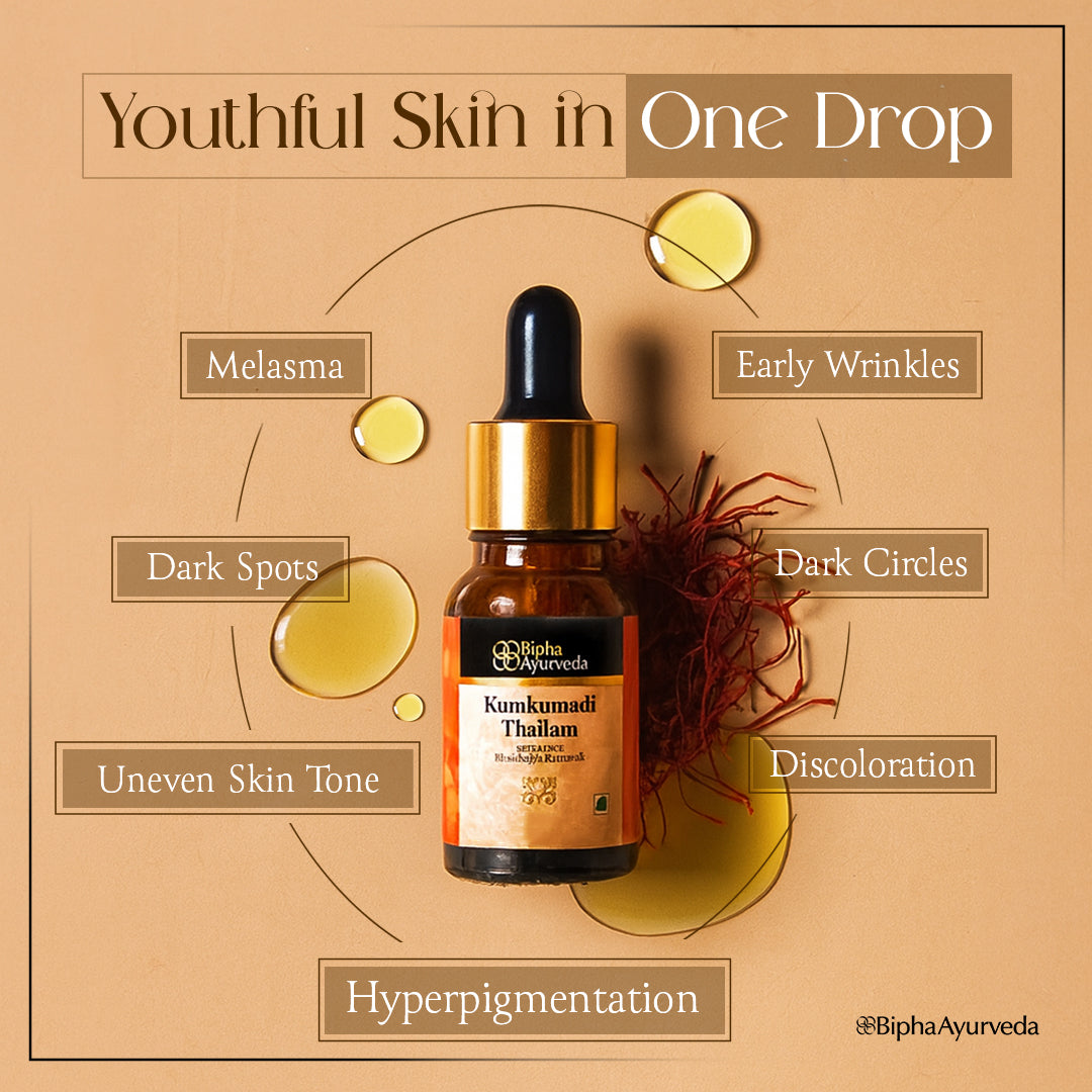 Kumkumadi Thailam-Ayurvedic Beauty Serum for Radiant Skin.Made from Pure concentrated Kashmir saffron & other exotic herbs to enhance skin tone