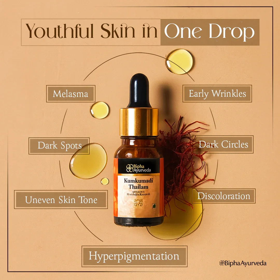 Kumkumadi Thailam-Ayurvedic Beauty Serum for Radiant Skin.Made from Pure concentrated Kashmir saffron & other exotic herbs to enhance skin tone