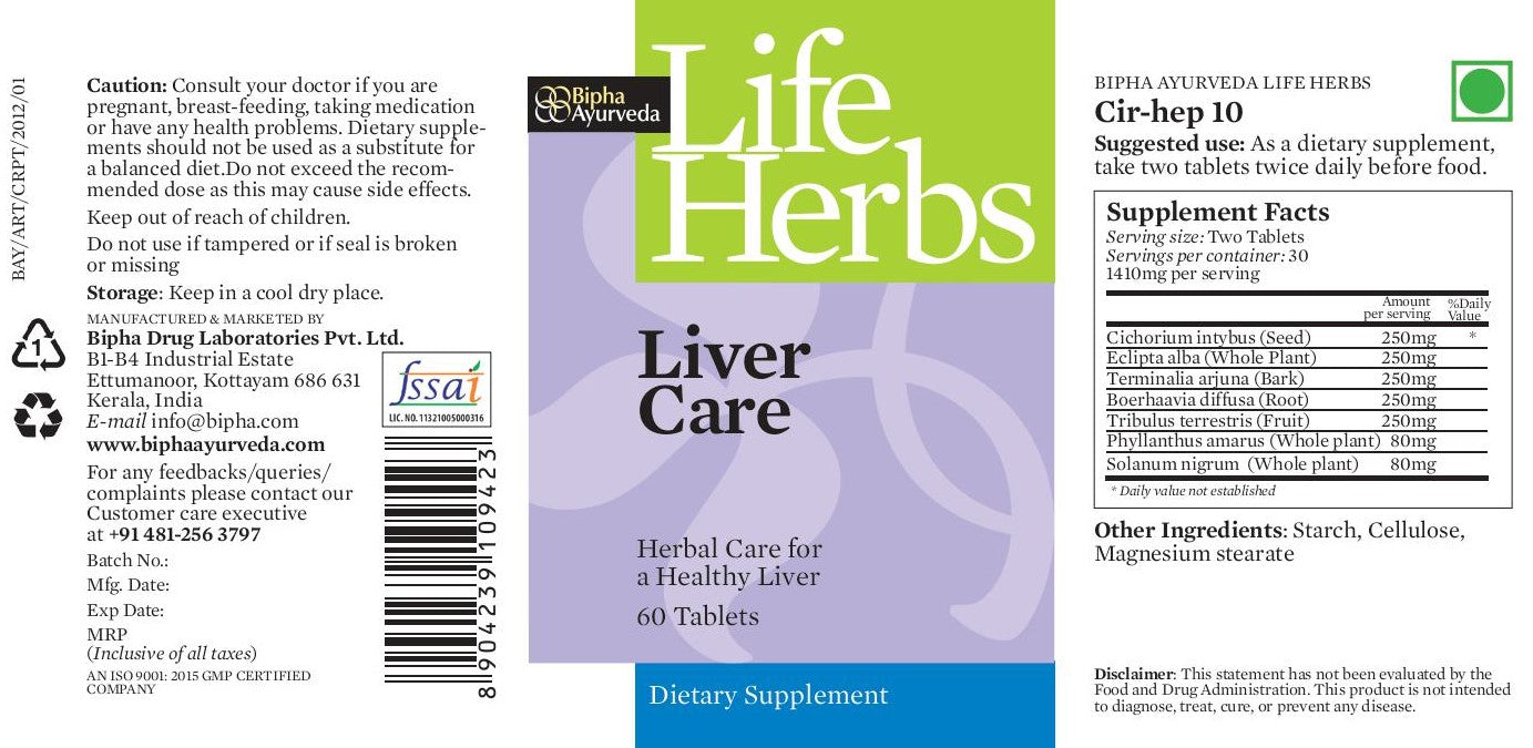 Herbal liver care supplement bottle label and back panel, Life Herbs, supplement facts