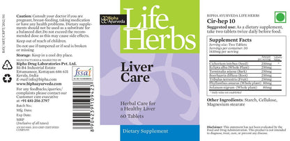 Herbal liver care supplement bottle label and back panel, Life Herbs, supplement facts