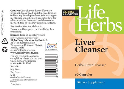 Life Herbs liver cleanser bottle label, 60 capsules dietary supplement