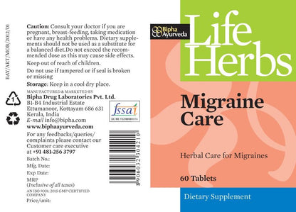 Life Herbs Migraine Care dietary supplement bottle, black cap, 60 tablets
