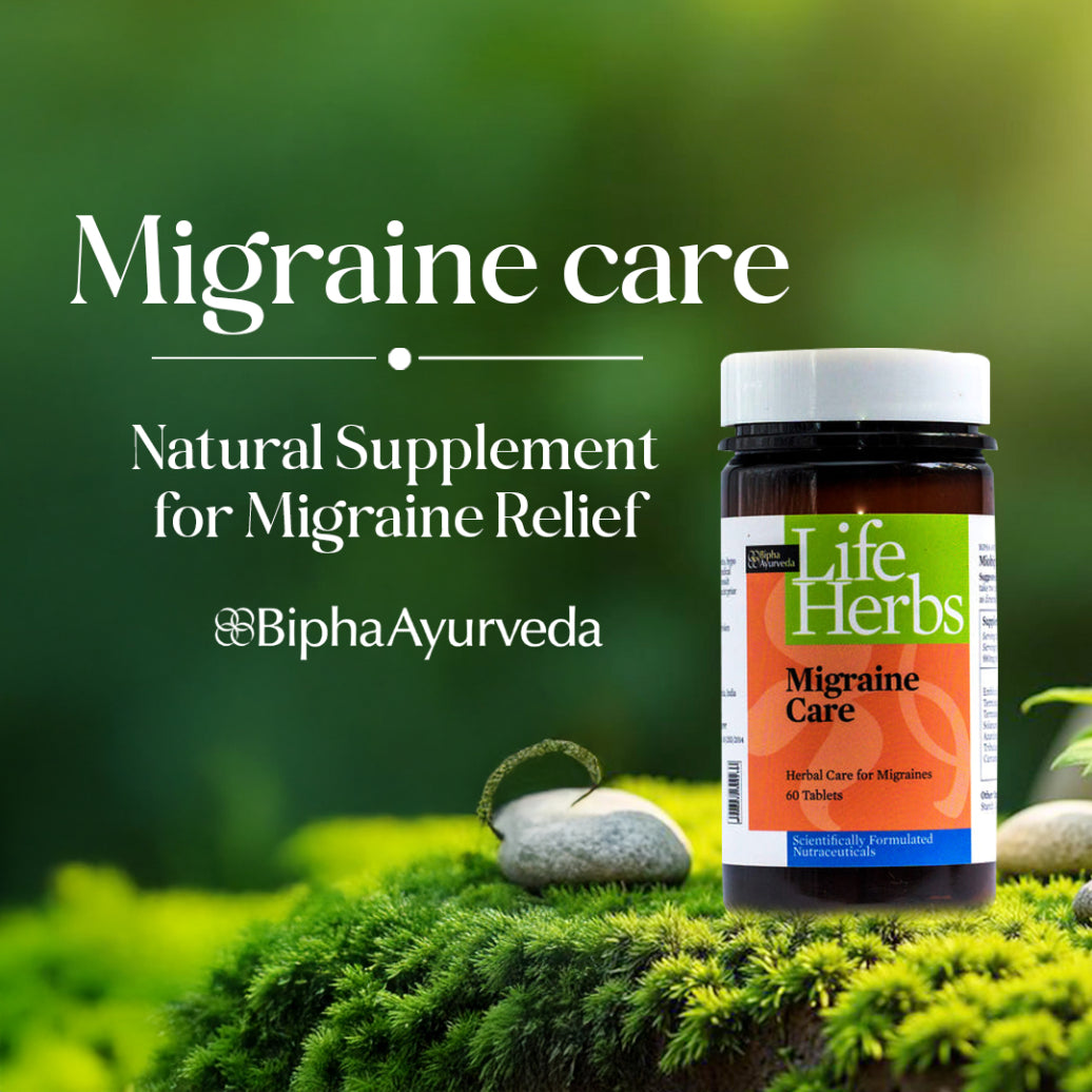 Life Herbs Migraine Care supplement bottle with black cap and front label