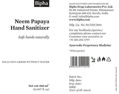 Bipha Neem and papaya 70% Alcohol Hand Sanitizer with goodness of Neem and Papaya .Kills 99.9% germs 500 ml