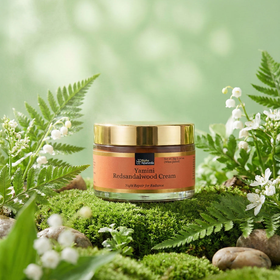 Yamini red sandalwood night cream jar with gold lid and orange label