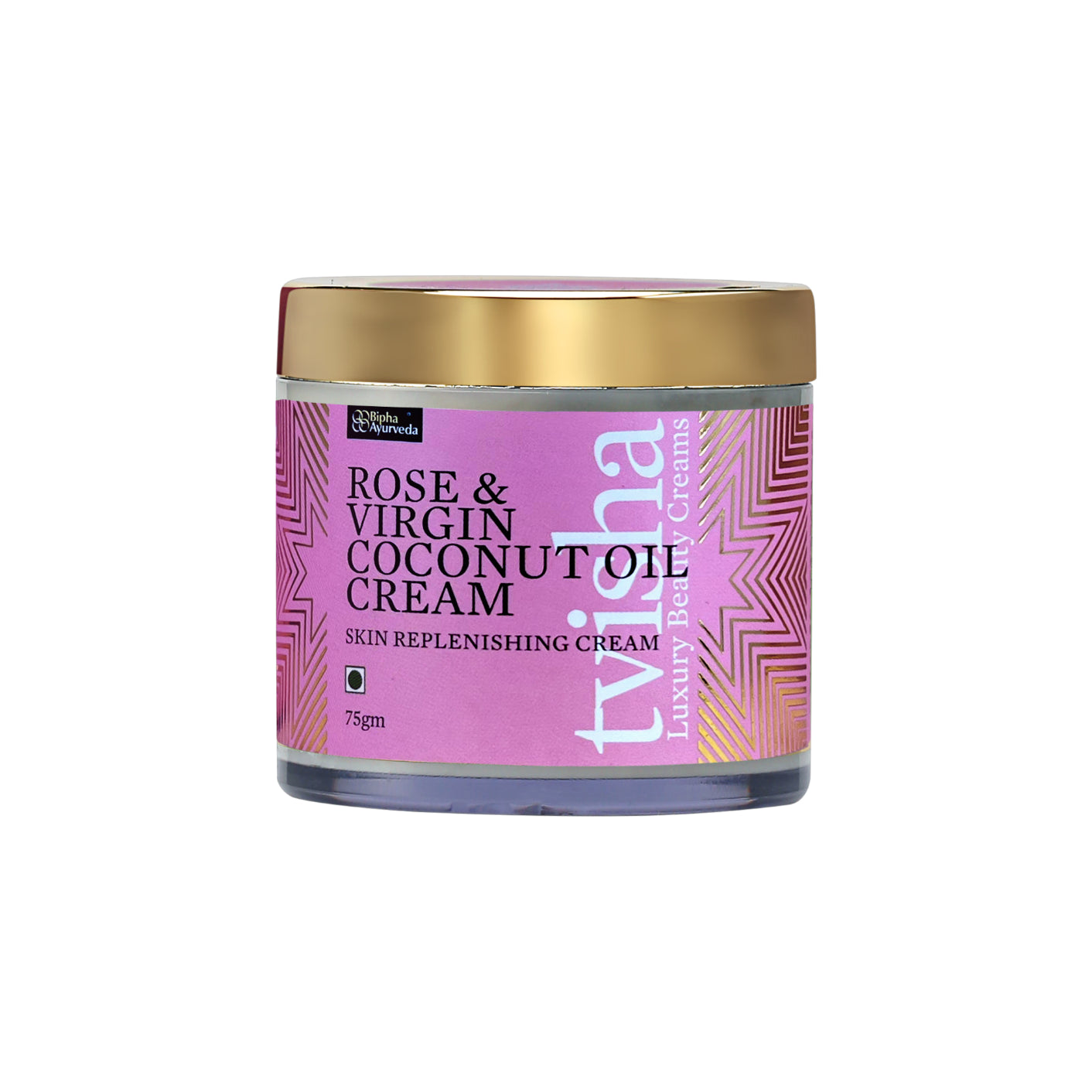 Rose & Virgin Coconut Oil cream tub, gold lid, purple-pink front label