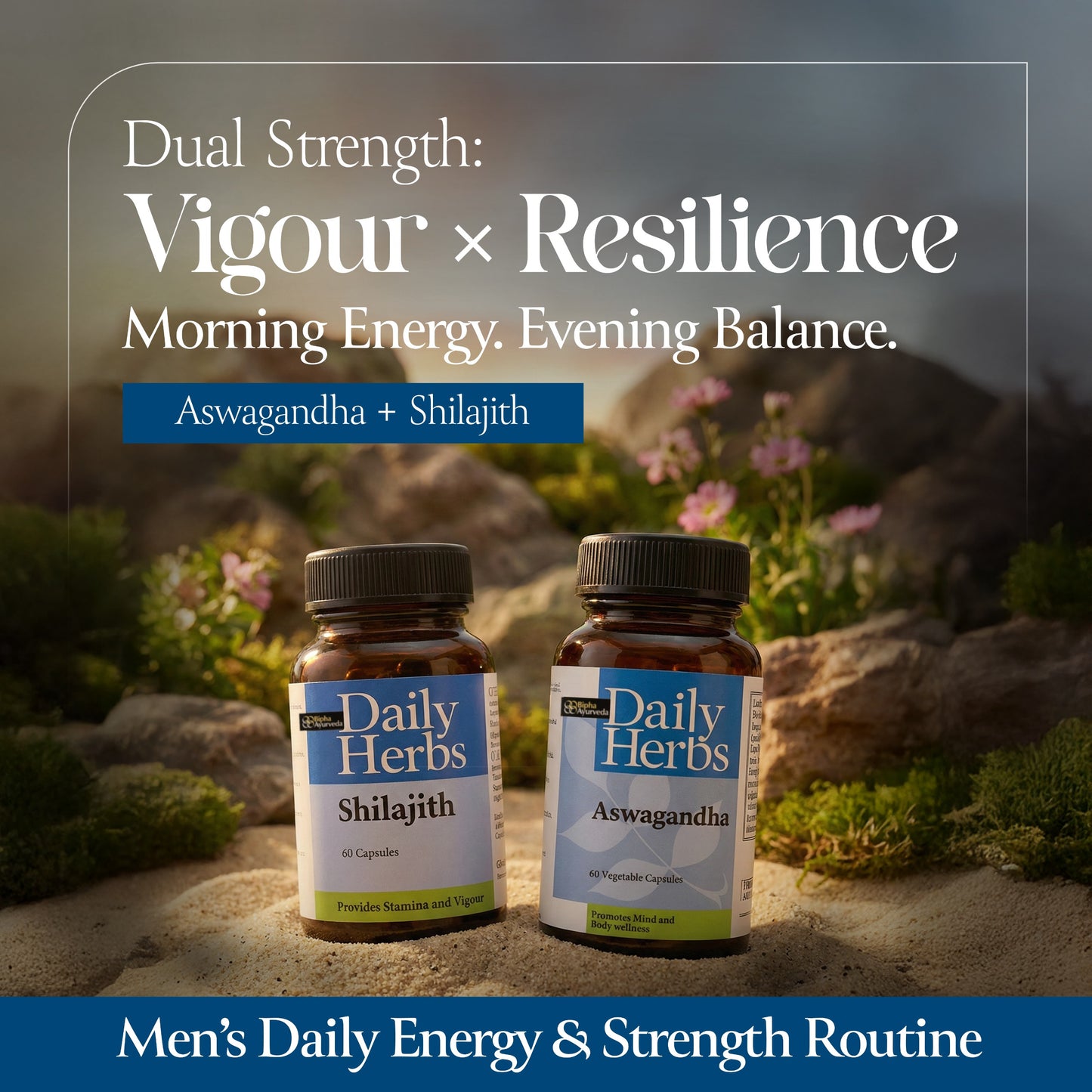 Two bottles of Daily Herbs Shilajith and Aswagandha on a natural background with text about energy and strength.