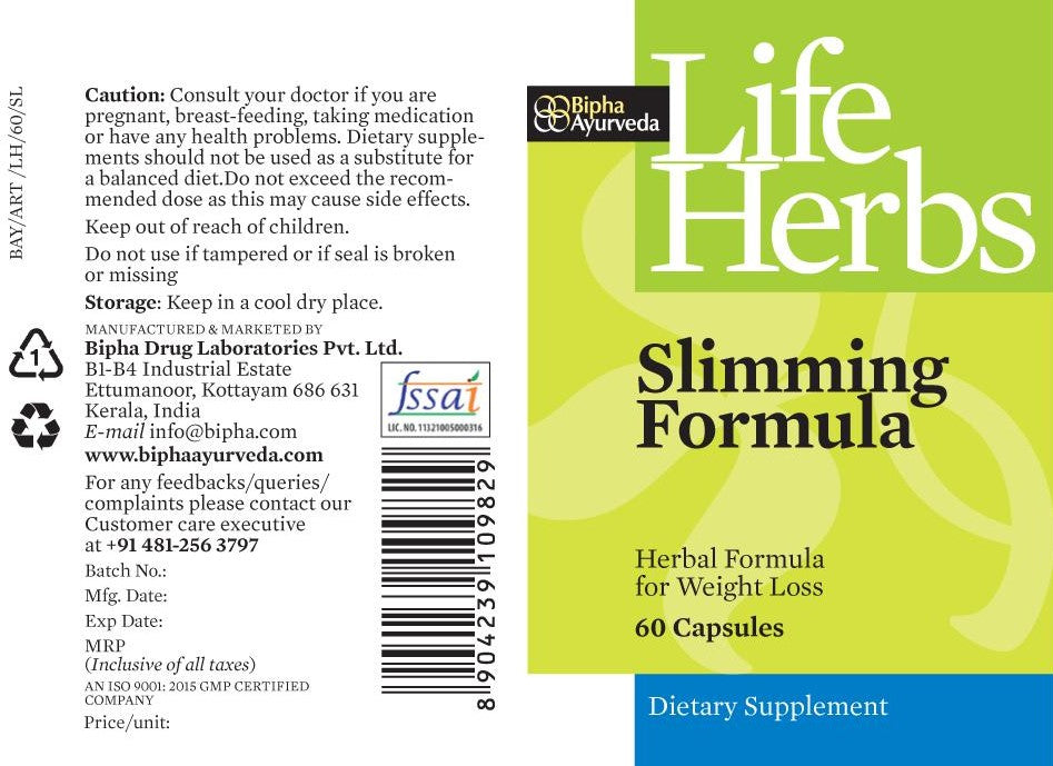 Slimming Formula supplement bottle with green-and-white front label and black cap