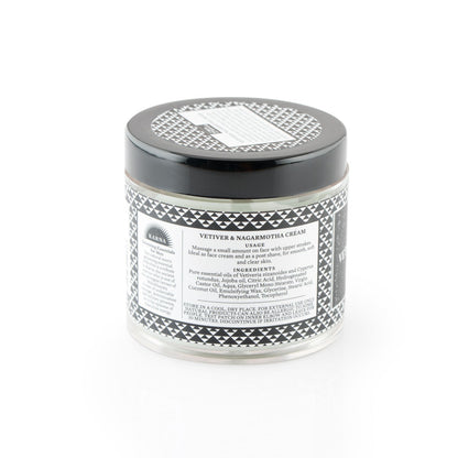 Vetiver & Nagarmotha cream jar with black lid and printed side label